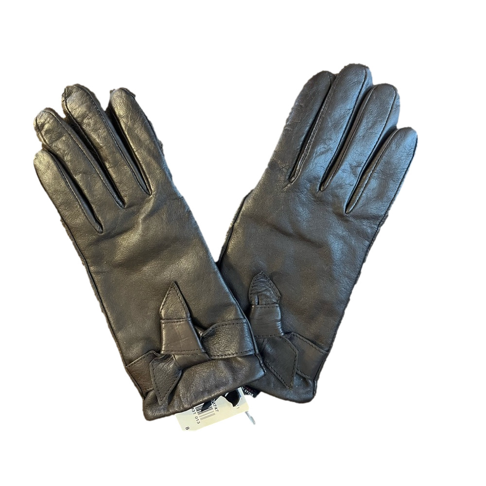 NWT Vintage Sears Gloves Women Black Faux Leather and Lined Sz 8 bow knot detail